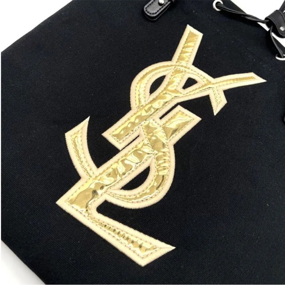 SOLD Black Tote Bag Handbag Canvas Cosmetics Gold Logo - Picture 4 of 8